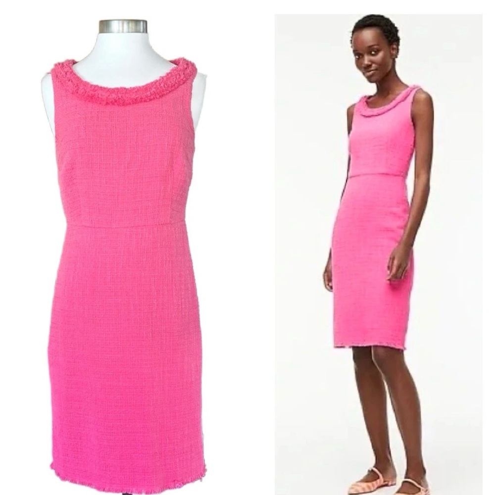 J CREW Pink Tweed Textured Fringe Sheath Dress Size 4 Sleeveless Work NWOT